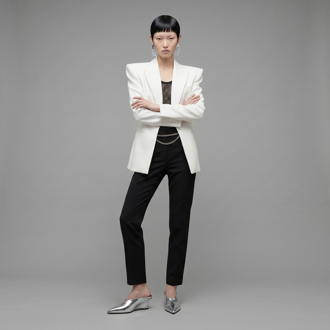 Full-length view of a model in a white blazer and black trousers wearing the silver Argent Vif Lumière Mules.