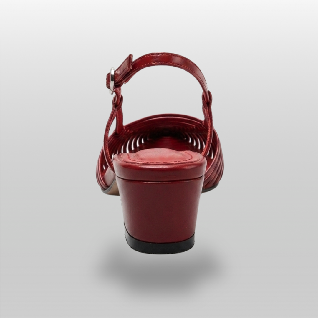 Back view of the Margot leather slingback shoe in Rouge Claret, showing the sturdy low block heel and heel strap.