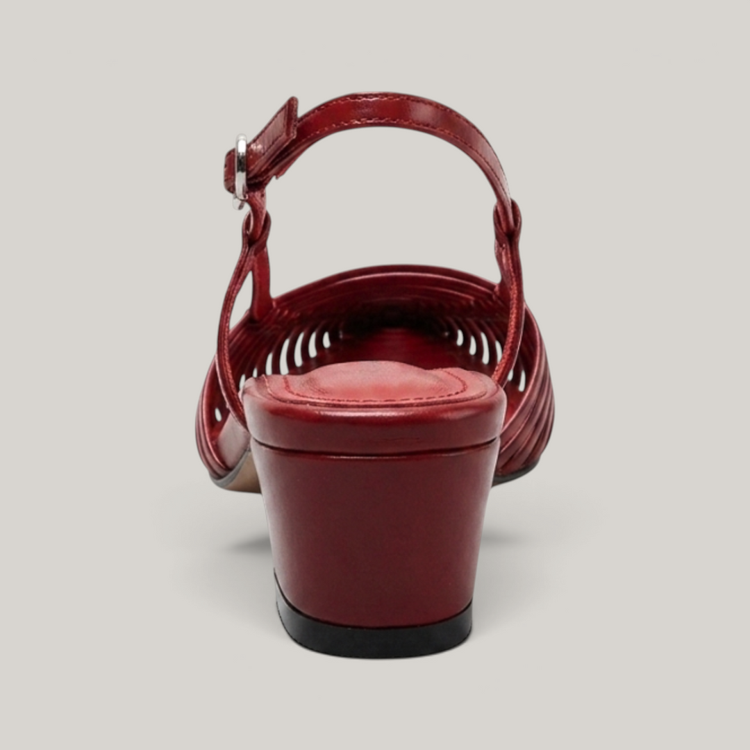 Back view of the Margot leather slingback shoe in Rouge Claret, showing the sturdy low block heel and heel strap.