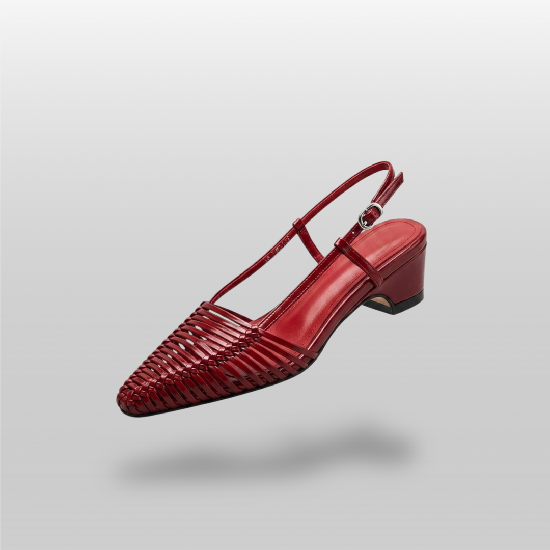Margot Slingback in Rouge Claret. Hand-woven leather strips, sharply pointed toe, 4.5cm block heel and silver slingback buckle.