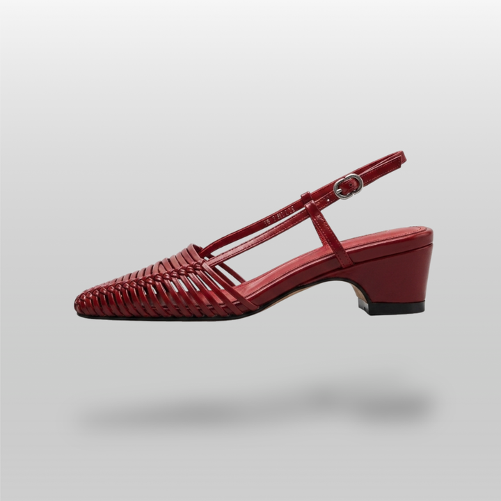 Margot Slingback in Rouge Claret. Hand-woven leather strips, sharply pointed toe, 4.5cm block heel and silver slingback buckle.