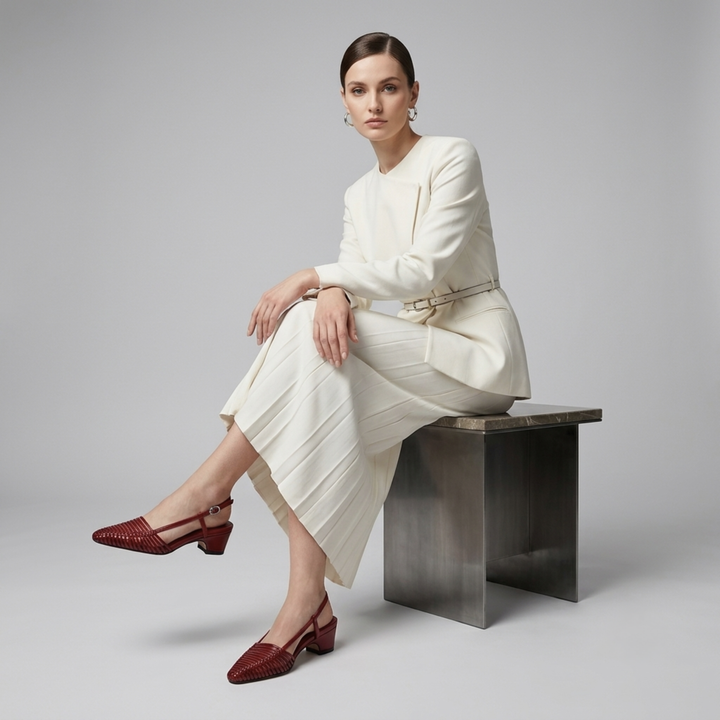 Fashion model sitting in a cream skirt suit paired with the elegant Margot woven leather slingback heels in Rouge Claret red.
