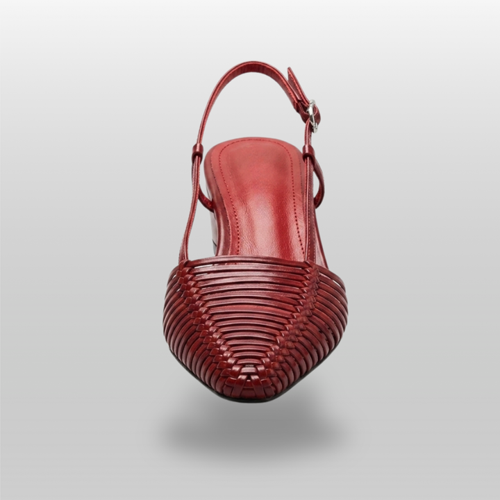 Margot Slingback in Rouge Claret. Close detail of the hand-woven horizontal leather strip construction in deep claret.