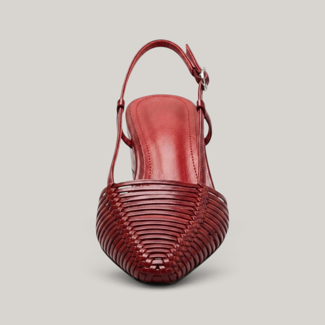 Margot Slingback in Rouge Claret. Close detail of the hand-woven horizontal leather strip construction in deep claret.