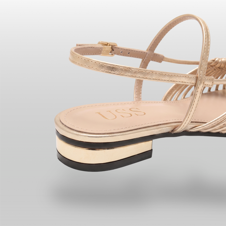 Close-up of gold-trimmed block heel and ankle strap buckle