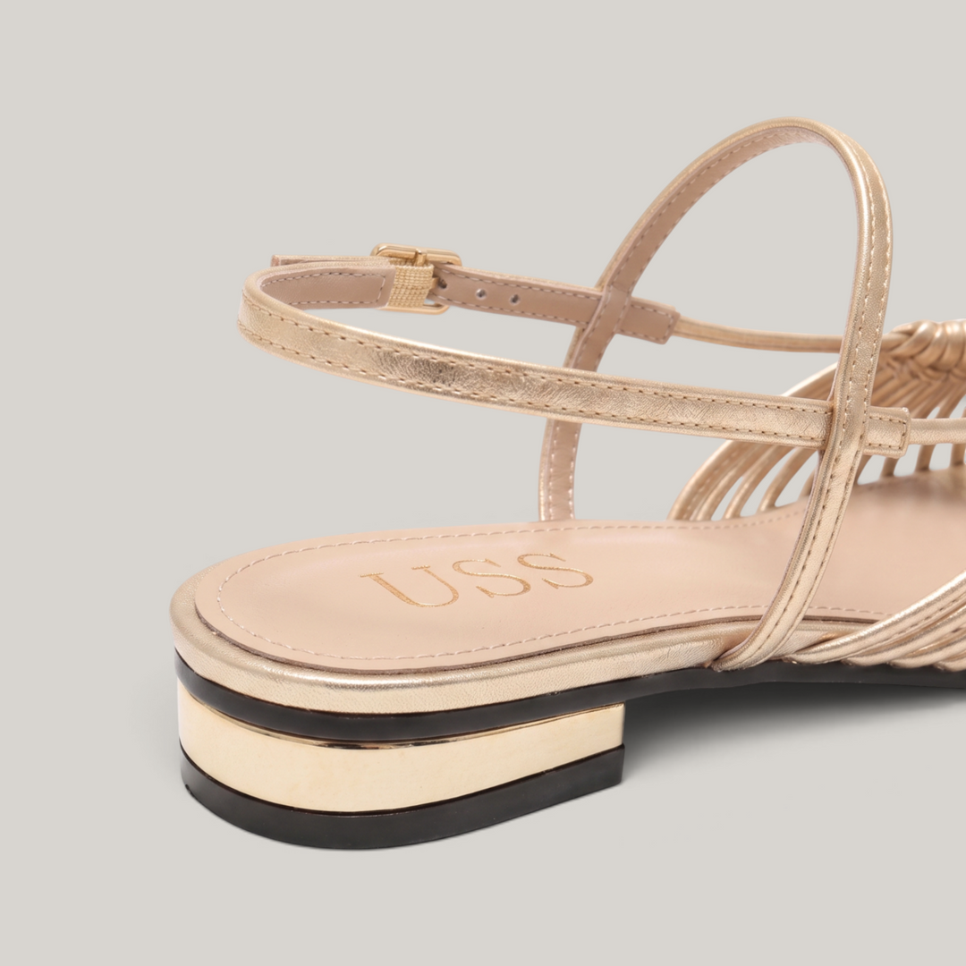 Close-up of gold-trimmed block heel and ankle strap buckle