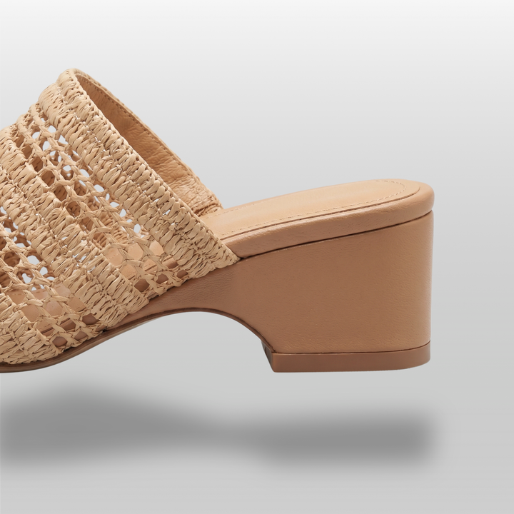 Back view of the Riviera Mule in Sable Naturel, showcasing the 6cm camel block heel and premium open-back construction.