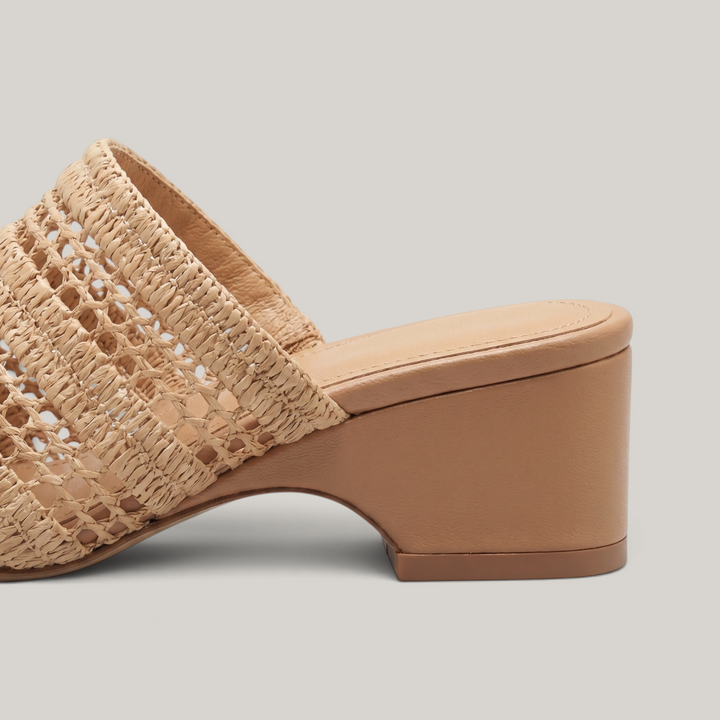 Back view of the Riviera Mule in Sable Naturel, showcasing the 6cm camel block heel and premium open-back construction.