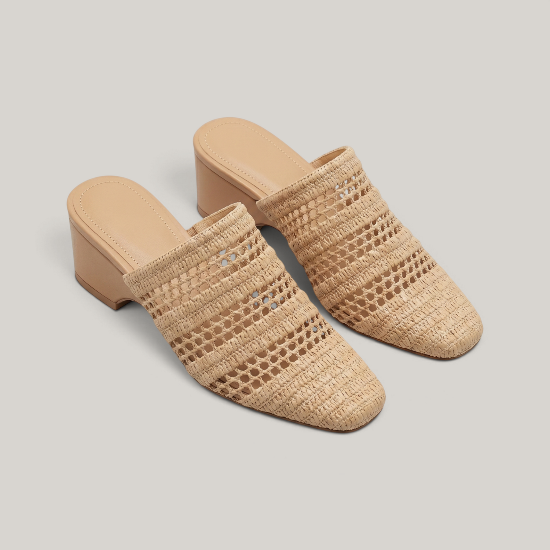 靴 Riviera Double Belted Mules Riviera Mule in Sable Naturel | Natural Raffia Woven Square Toe