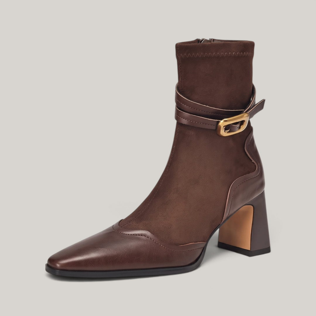 Romy Bootie in Brun Noisette, brown ankle boot with cowhide toe, stretch suede-finish shaft and antique-gold buckle strap