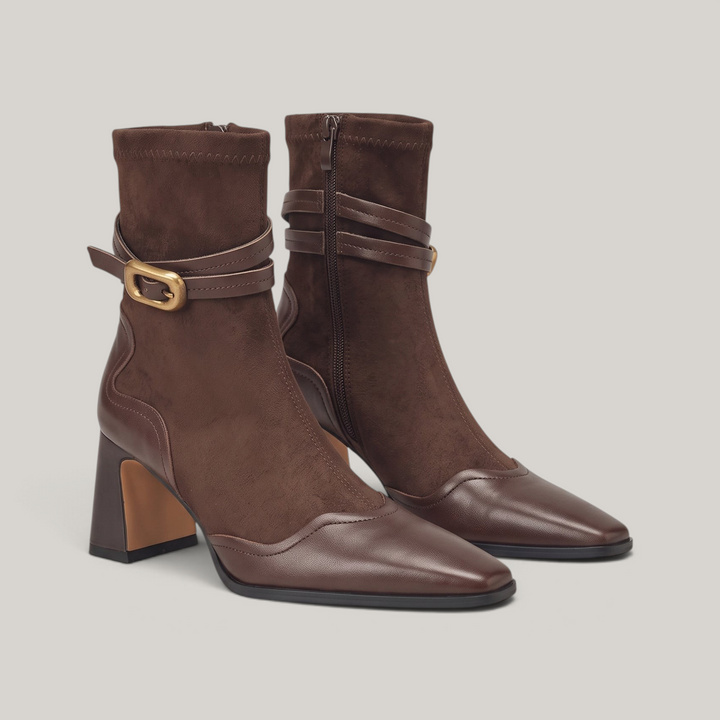 Pair of Romy Bootie in Brun Noisette with double-wrap leather ankle strap, antique-gold buckle and inside zip