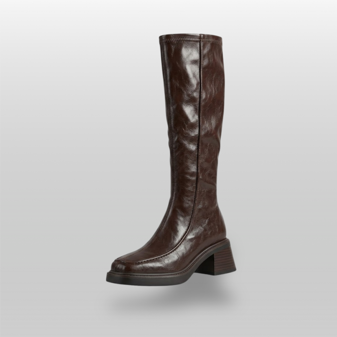 Brown knee-high stretch boot with moc-toe seam and stacked block heel