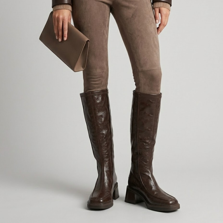 Brown knee-high boots styled with taupe suede trousers and clutch
