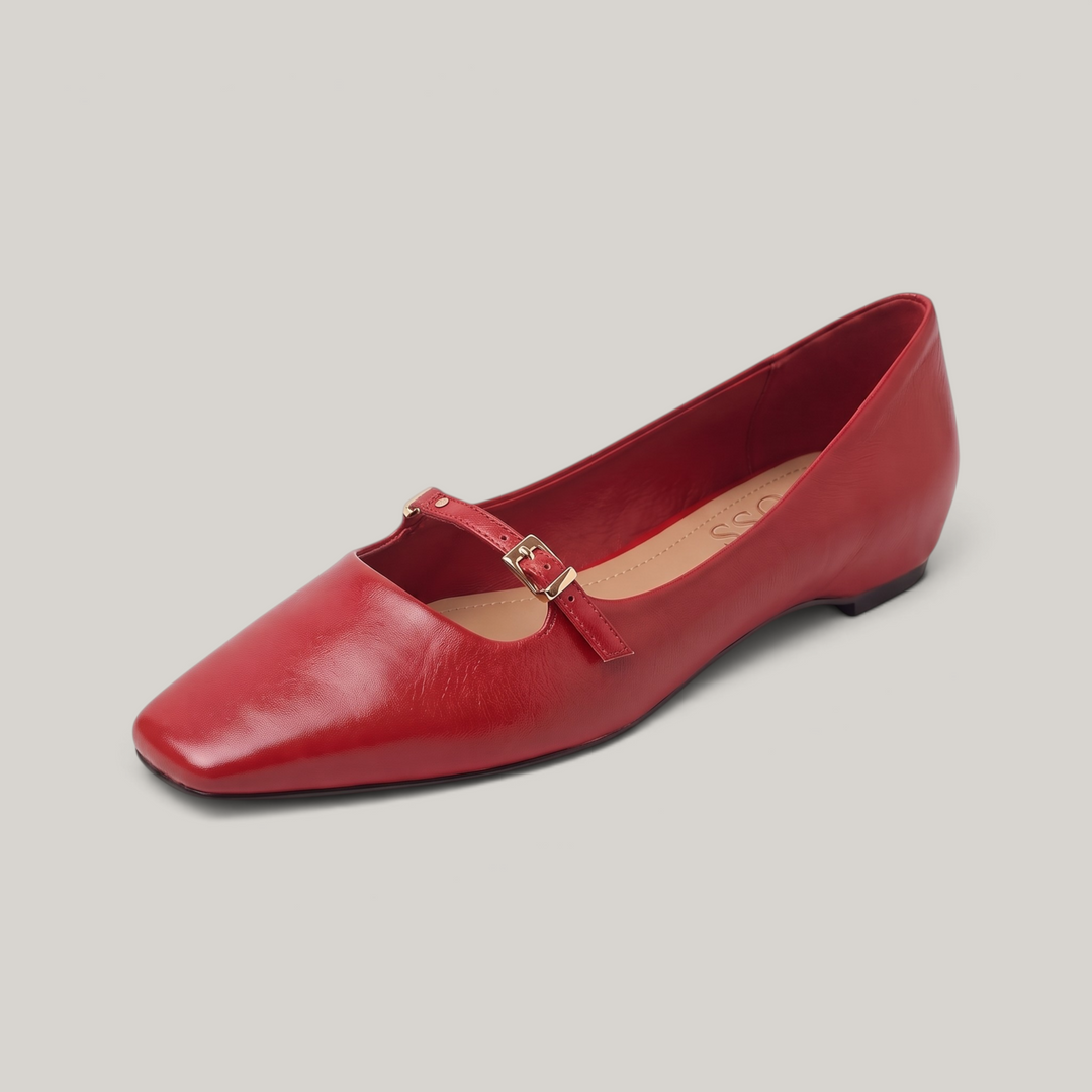 Red square-toe Mary Jane flat with slim gold-buckle strap
