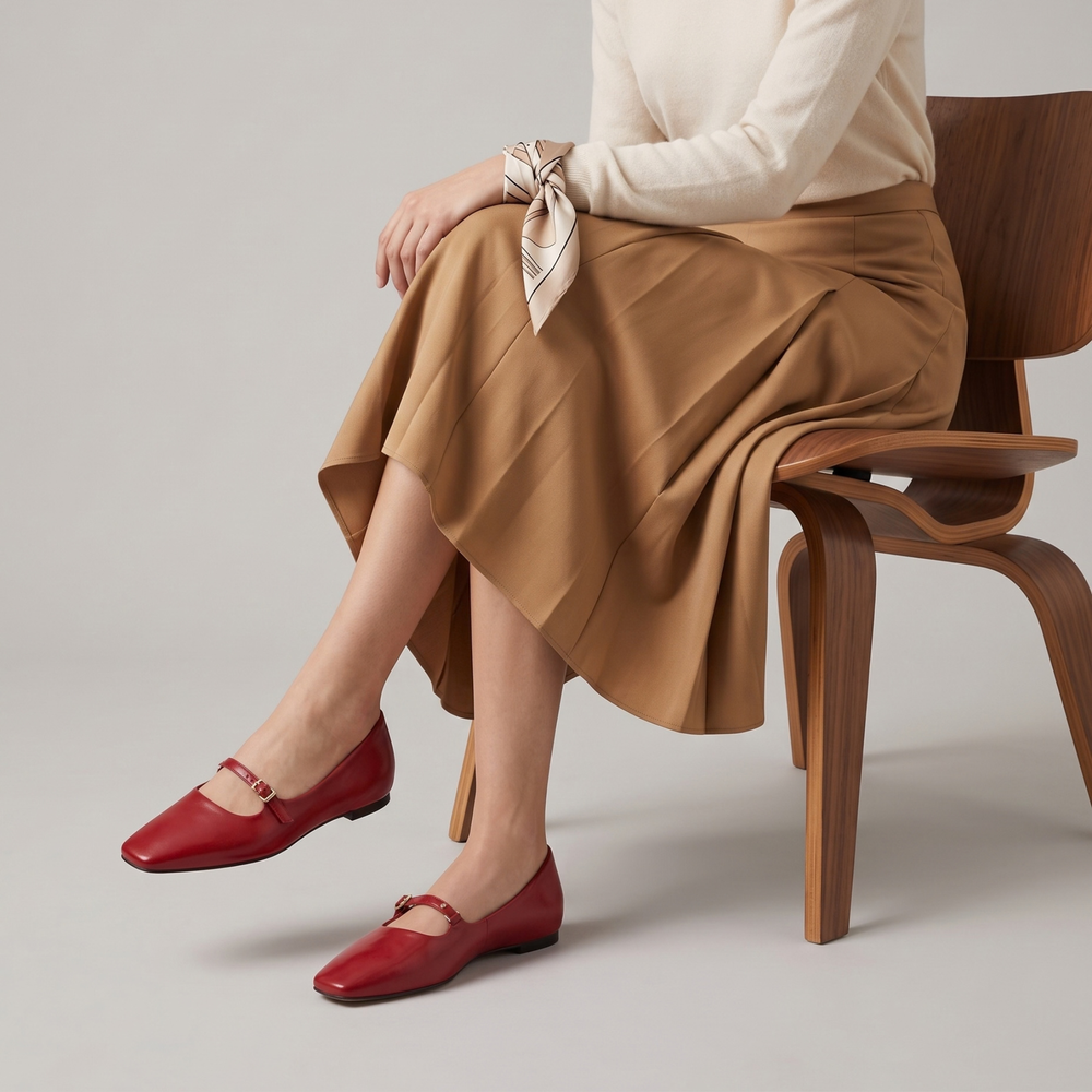 Red Mary Jane flats styled with a camel midi skirt and cream knit