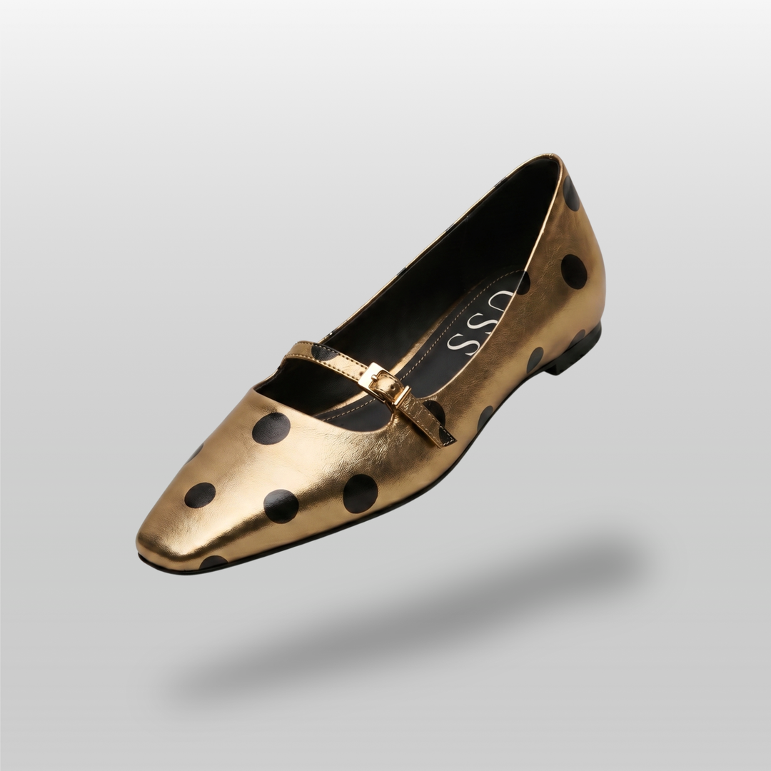 USS Adeline Hidden Wedge Mary Jane in Astra Gold with polka dots, hero view