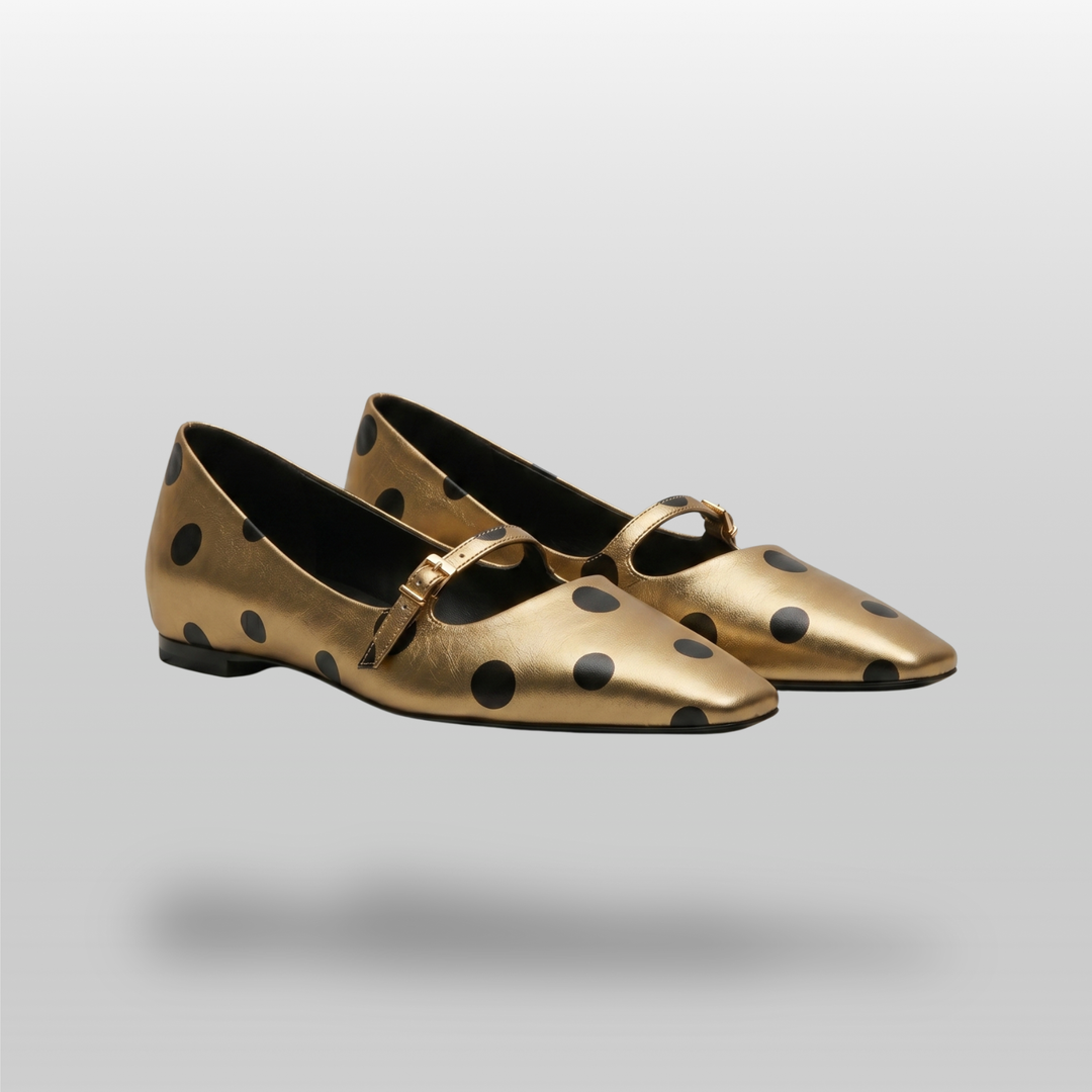 USS Adeline Hidden Wedge Mary Jane in Astra Gold with polka dots, pair view