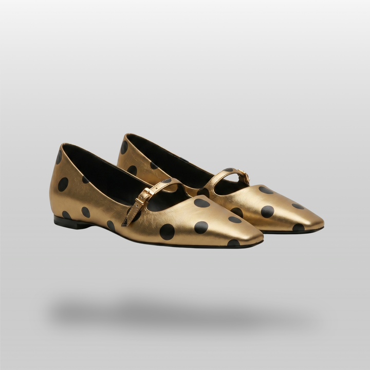 USS Adeline Hidden Wedge Mary Jane in Astra Gold with polka dots, pair view