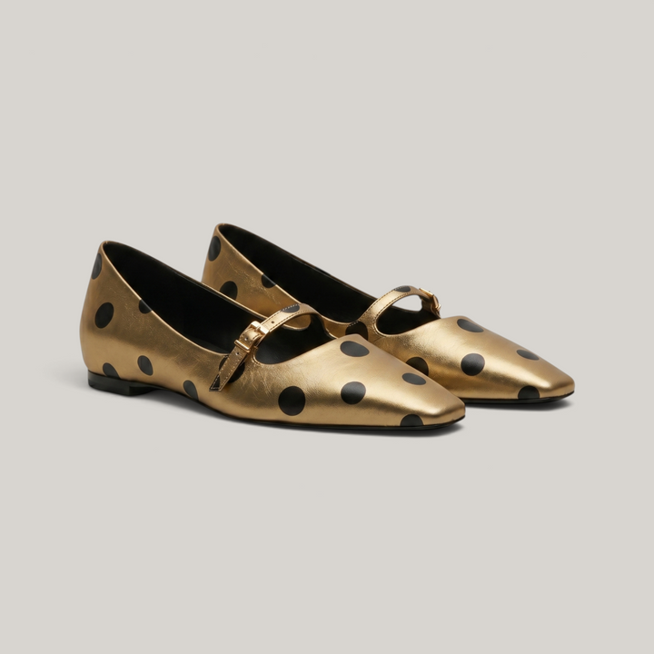 USS Adeline Hidden Wedge Mary Jane in Astra Gold with polka dots, pair view