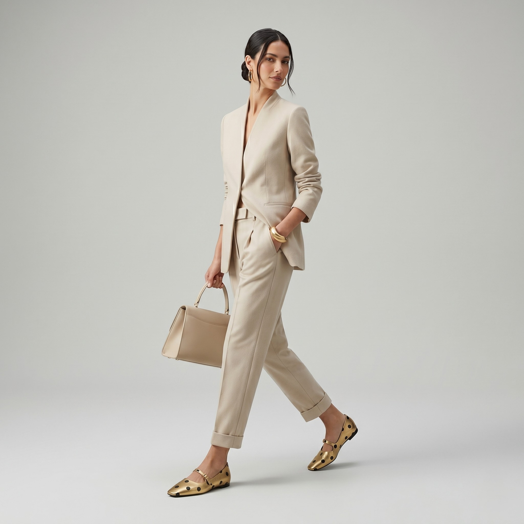 USS Adeline Hidden Wedge Mary Jane in Astra Gold with polka dots, model view. The model is dressed in an architectural, two-piece suit crafted from an incredibly soft, premium Astra Oatmeal Cream double-faced silk cashmere