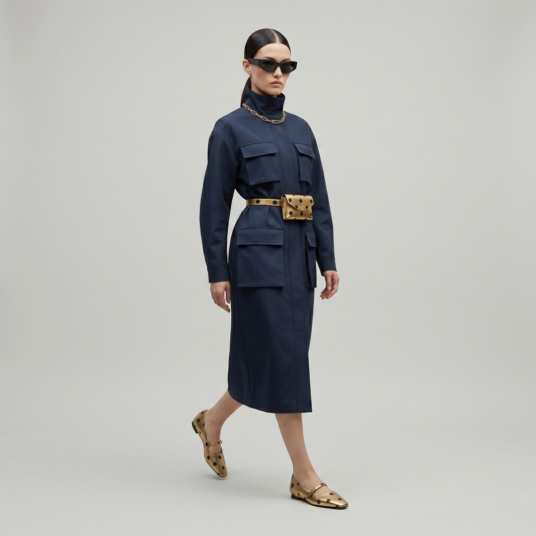 USS Adeline Hidden Wedge Mary Jane in Astra Gold with polka dots, model view. The model is wearing a structured, avant-garde midi-length dress crafted from a premium regenerated technical Deep Navy Econyl or a compact silk gabardine. 