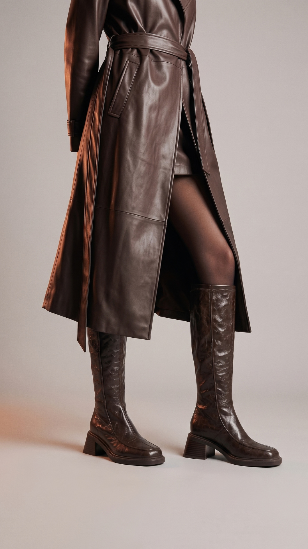 A model wearing a dark brown leather trench coat with a matching belt and dark brown knee-high leather boots, shown from the waist down against a neutral studio background.