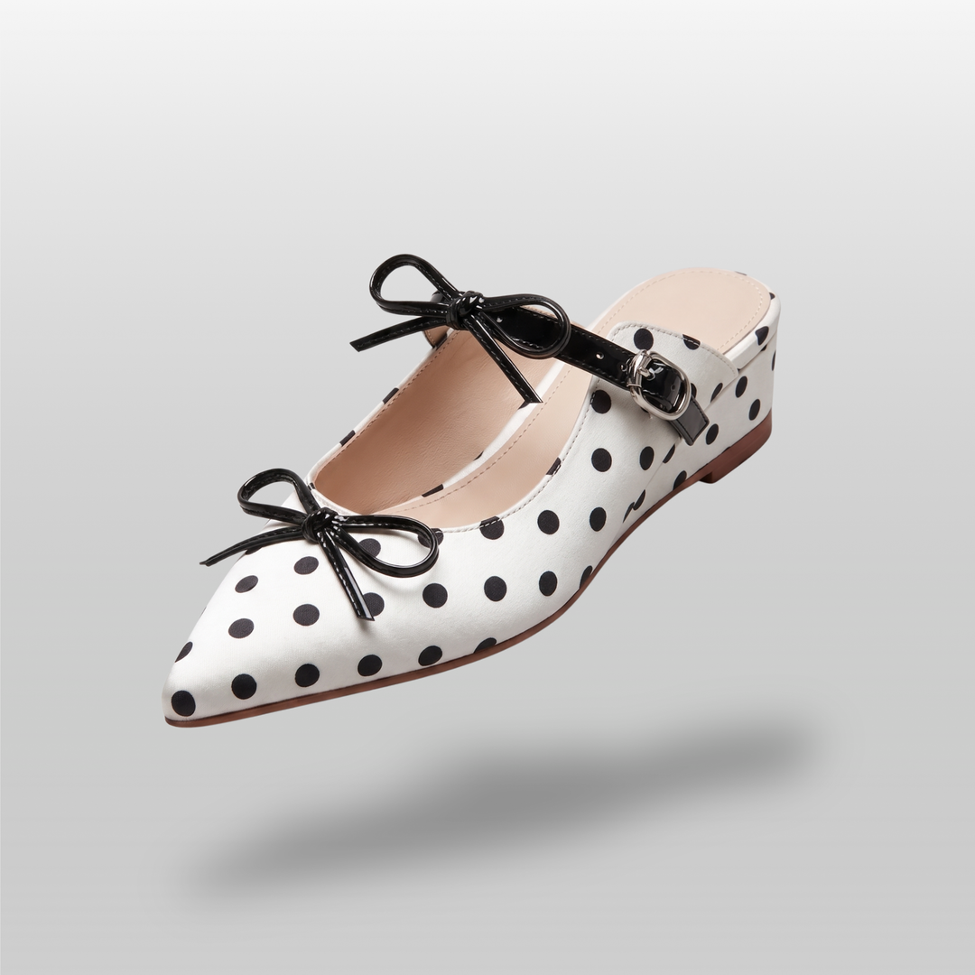 USS Elise Pointed Mule in Cloud Polka Dot leather, luxury handcrafted mid-heel slide featuring a sophisticated pointed toe and chunky heel.