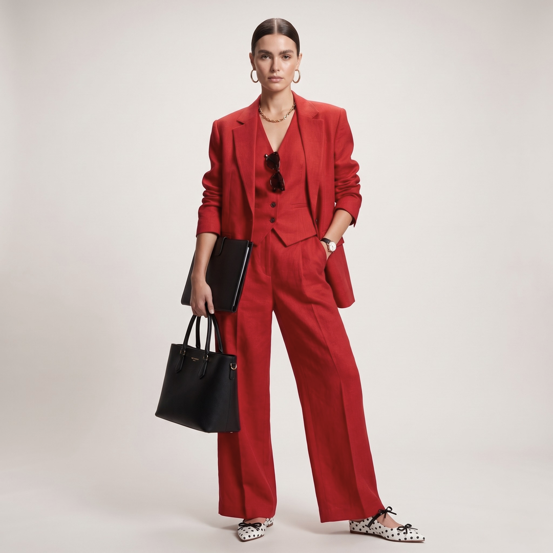 Professional female model showcasing USS Elise white polka dot mules with a vibrant red linen power suit, modern European business-chic style.
