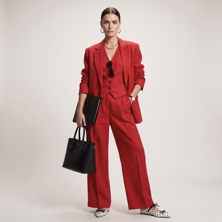 Professional female model showcasing USS Elise white polka dot mules with a vibrant red linen power suit, modern European business-chic style.