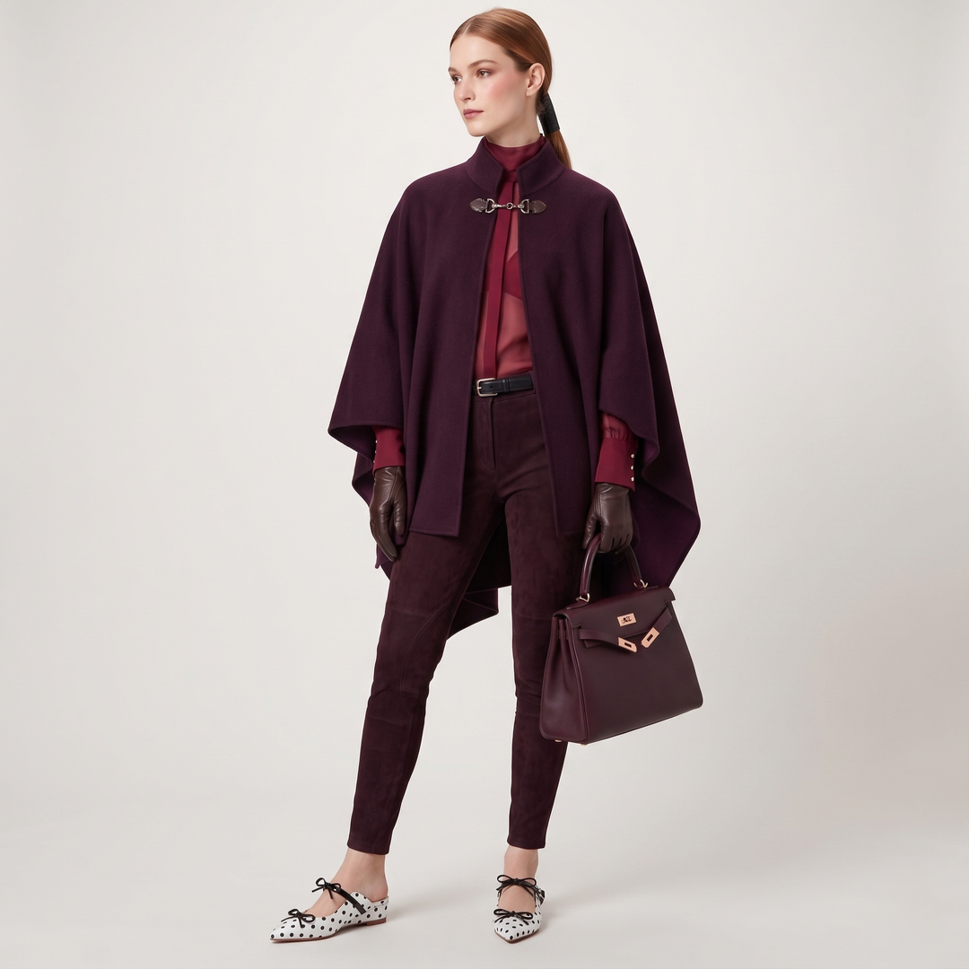 A model stands against a light gray studio background wearing a dark plum cape jacket over a matching plum turtleneck and trousers, with dark brown gloves, a plum handbag, and patterned shoes.