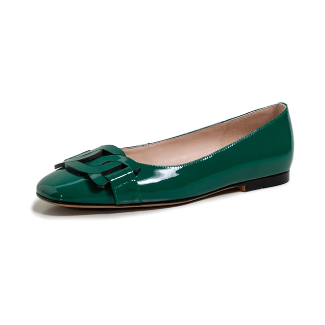 leather flats shoes color green size 5 for women