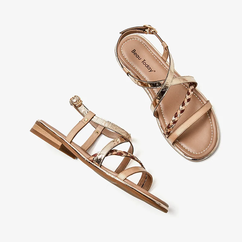 leather sandals color apricot size 5.5 for women