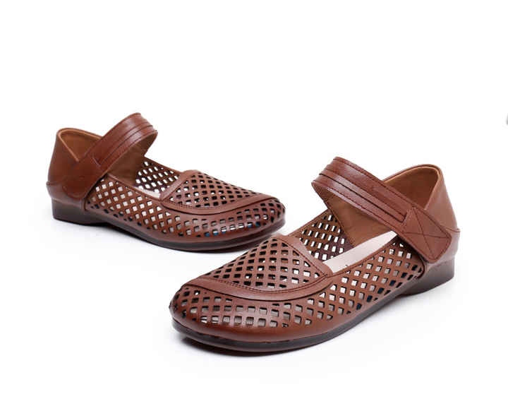 hollow leather sandals color brown size 6 for women