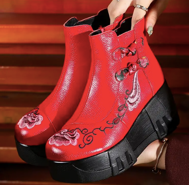 USS Shoes Lola Women's Embroidered Leather Retro Ankle Boots