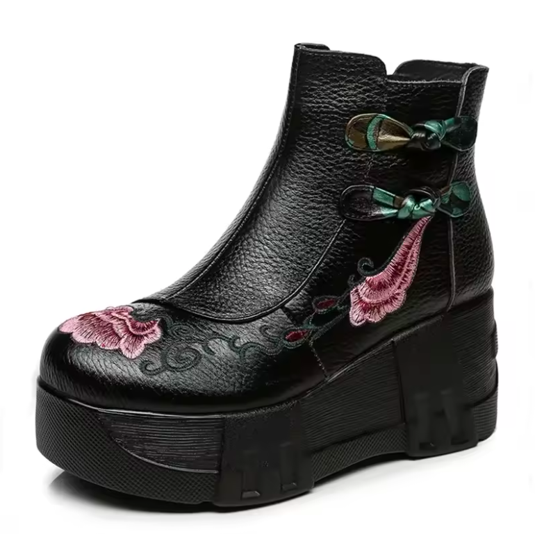 USS Shoes Lola Women's Embroidered Leather Retro Ankle Boots