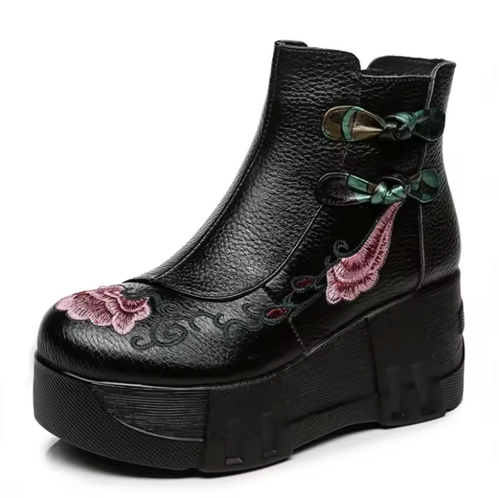 USS Shoes Lola Women's Embroidered Leather Retro Ankle Boots