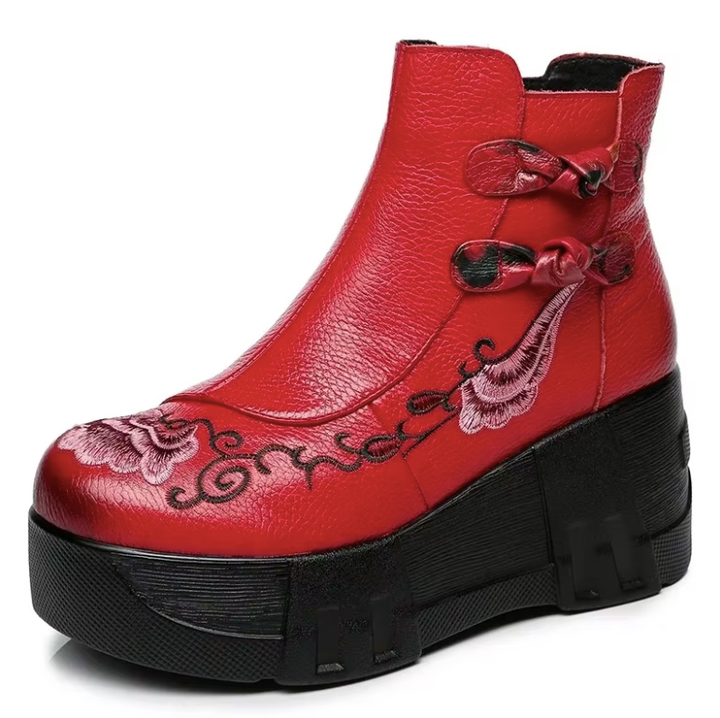 USS Shoes Lola Women's Embroidered Leather Retro Ankle Boots