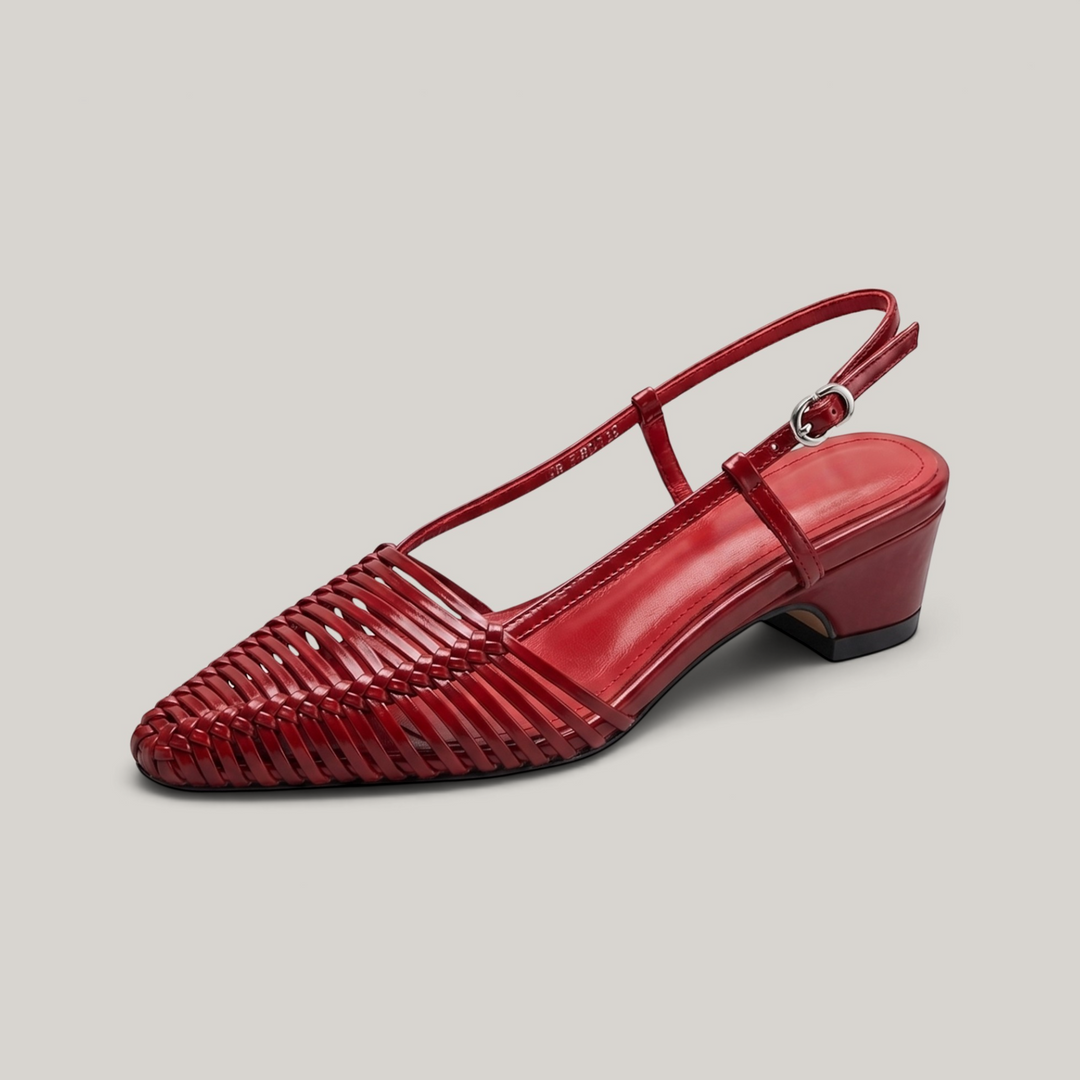 Margot Slingback in Rouge Claret. Hand-woven leather strips, sharply pointed toe, 4.5cm block heel and silver slingback buckle.