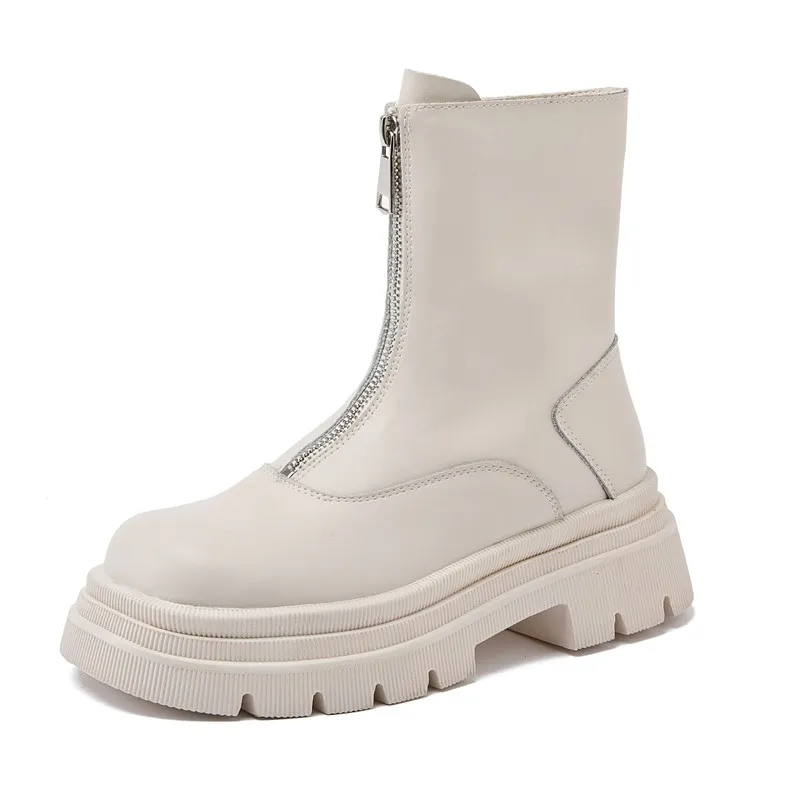 british style front zipper boots color beige size 5.5 for women