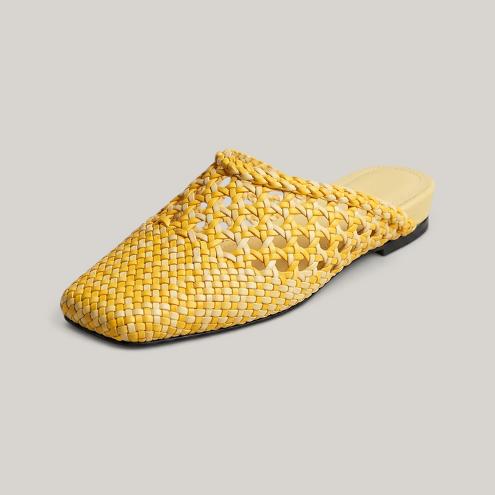 USS® Shoes Sienna woven mule in Soleil Yellow featuring a square-toe silhouette and intricate hand-woven leather.
