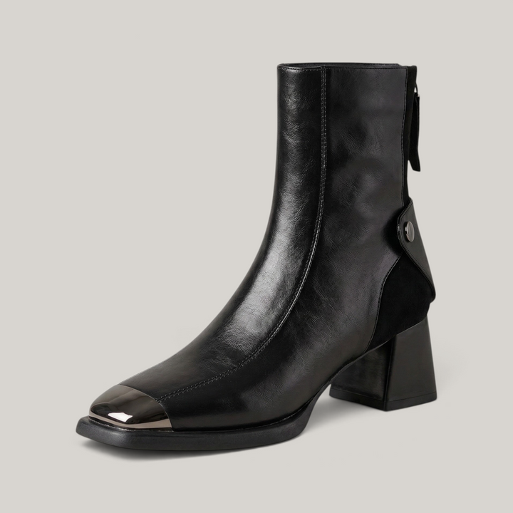 USS® Shoes Valenne black cowhide leather ankle boots with a square toe, metallic cap, and sculpted block heel.
