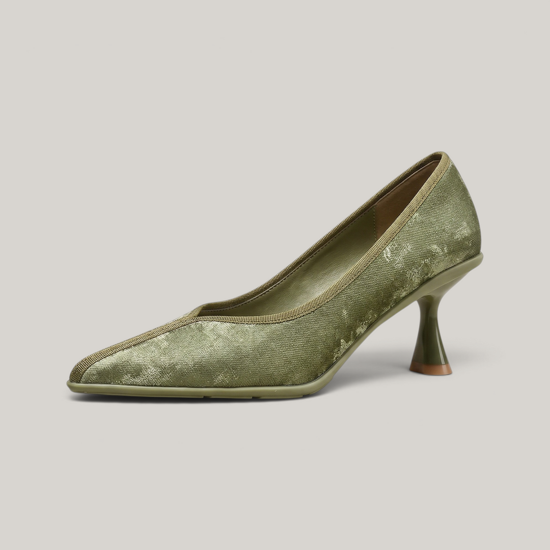 USS® Shoes Elara pointed-toe pumps in verdant olive silk-finish leather with a sculpted 5cm heel.