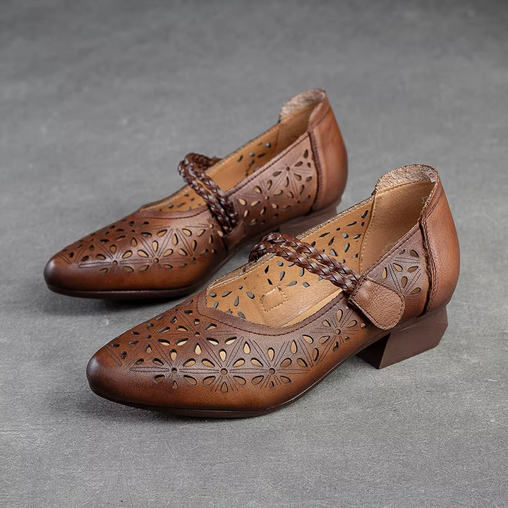 leather pumps color brown size 5 .for women