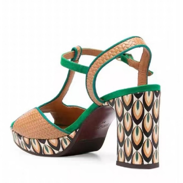 square heel leather sandals color green size 7.5 for women
