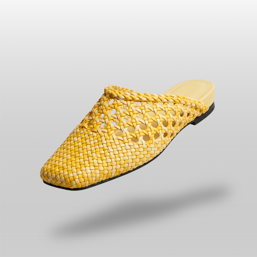 USS Sienna Woven Mule in Soleil Yellow, luxury handcrafted footwear featuring a hand-woven openwork design and modern square toe.