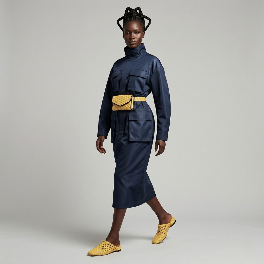 High-fashion model wearing USS Sienna yellow woven mules with a navy technical dress, luxury studio editorial photography.