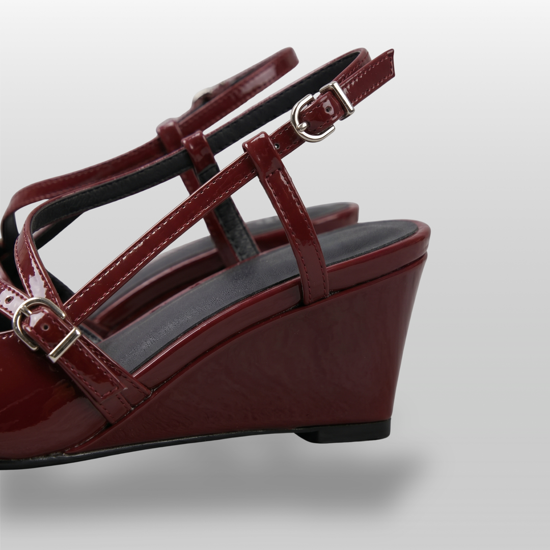 Valeria Slingback Rouge Lacca heel detail showing 4cm wedge profile and slingback ankle strap with antique gold adjustable buckle