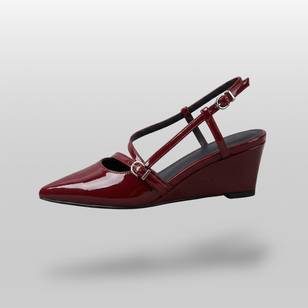 Valeria Slingback in Rouge Lacca side profile showing sharp pointed silhouette, dual strap architecture, and 4cm low wedge heel