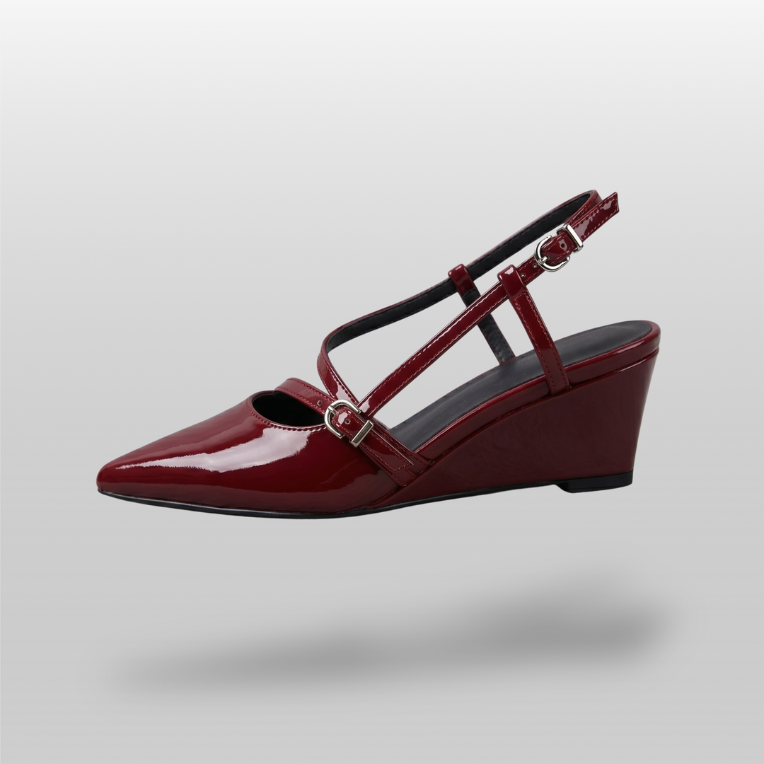 Valeria Slingback in Rouge Lacca side profile showing sharp pointed silhouette, dual strap architecture, and 4cm low wedge heel