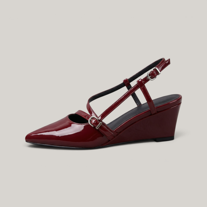 Valeria Slingback in Rouge Lacca side profile showing sharp pointed silhouette, dual strap architecture, and 4cm low wedge heel